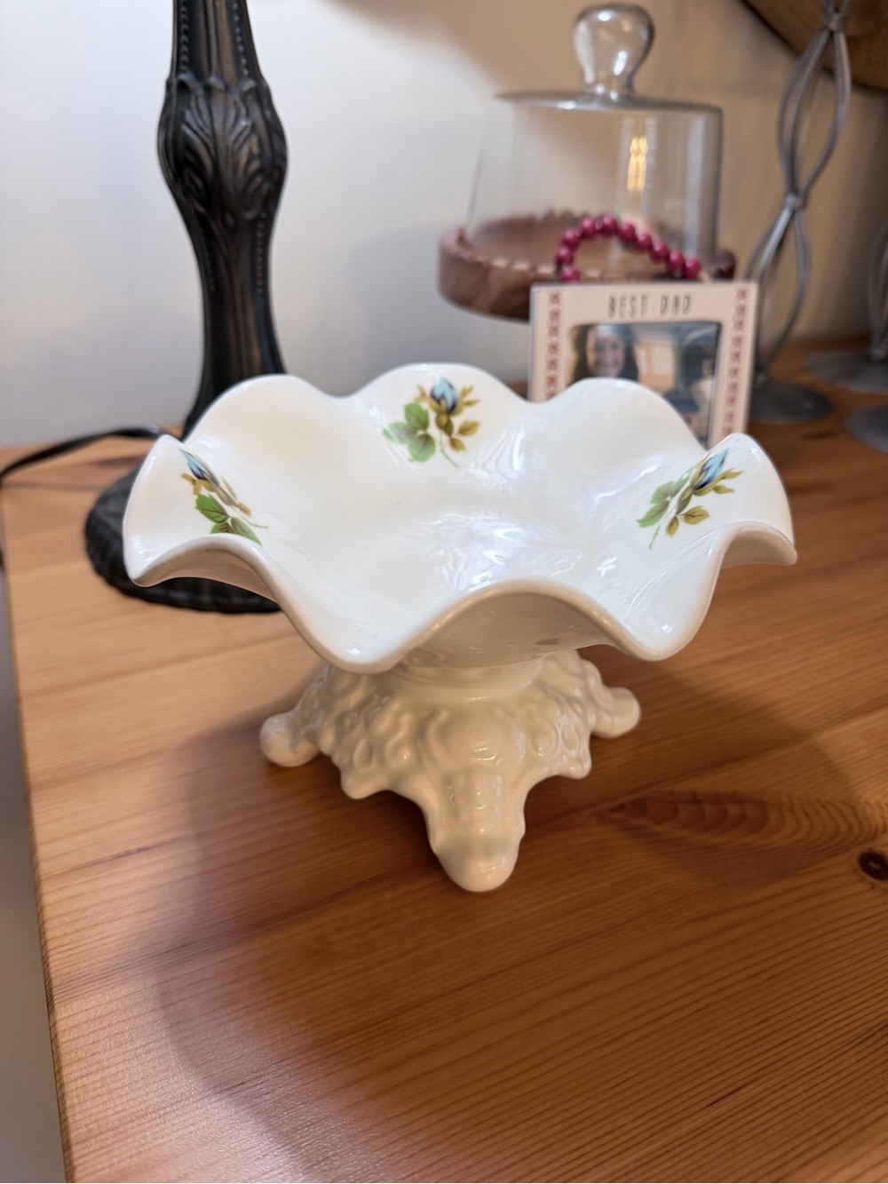 White Porcelain Scalloped Pedestal Bowl with Floral Accents